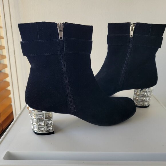 Joan Boyce Black Suede Ankle Boots 6M – Rhinestone Heel & Buckle Glam / Size:6M - Picture 2 of 11